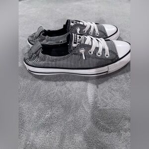 Converse Women’s Black and White Slip On-Elastic Back Striped Sneakers